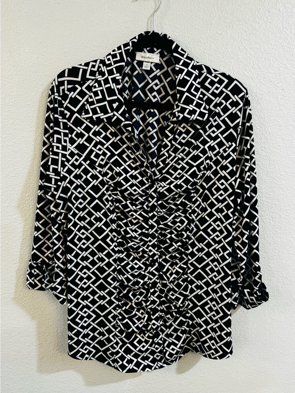 dressbarn Black and White Geometric Ruffle Front Button-Down Blouse